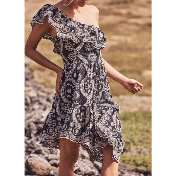 LoveShackFancy Pamela Embroidered Eyelet Ruffled One Shoulder Dress S Black - Picture 1 of 15